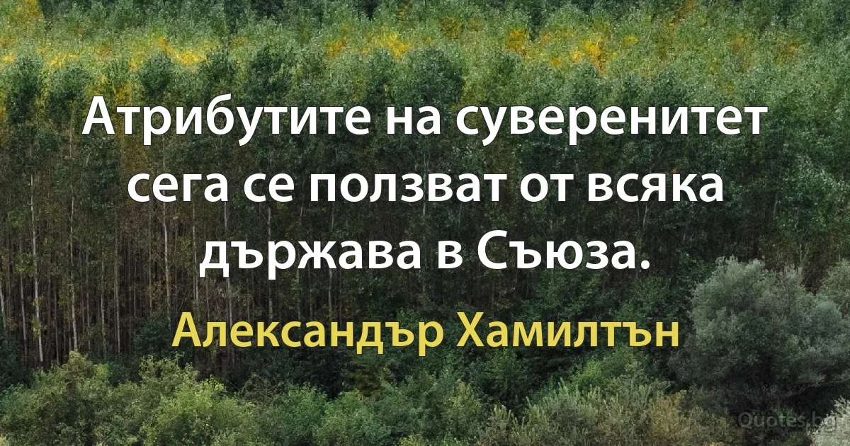 Атрибутите на суверенитет сега се ползват от всяка държава в Съюза. (Александър Хамилтън)