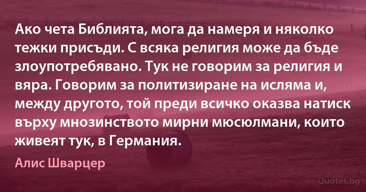 Ако чета Библията, мога да намеря и няколко тежки присъди. С всяка религия може да бъде злоупотребявано. Тук не говорим за религия и вяра. Говорим за политизиране на исляма и, между другото, той преди всичко оказва натиск върху мнозинството мирни мюсюлмани, които живеят тук, в Германия. (Алис Шварцер)