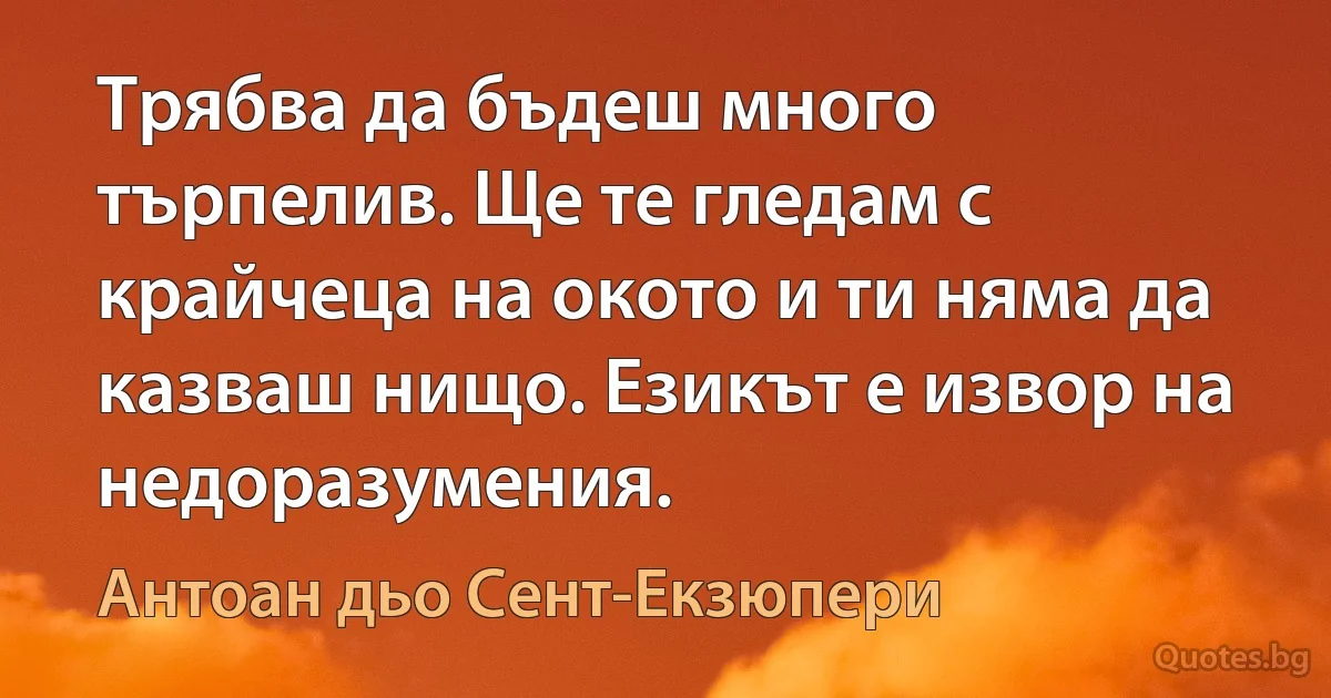 Трябва да бъдеш много търпелив. Ще те гледам с крайчеца на окото и ти няма да казваш нищо. Езикът е извор на недоразумения. (Антоан дьо Сент-Екзюпери)