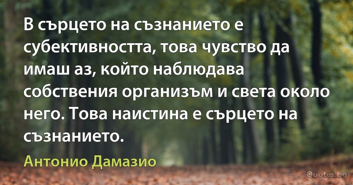 В сърцето на съзнанието е субективността, това чувство да имаш аз, който наблюдава собствения организъм и света около него. Това наистина е сърцето на съзнанието. (Антонио Дамазио)