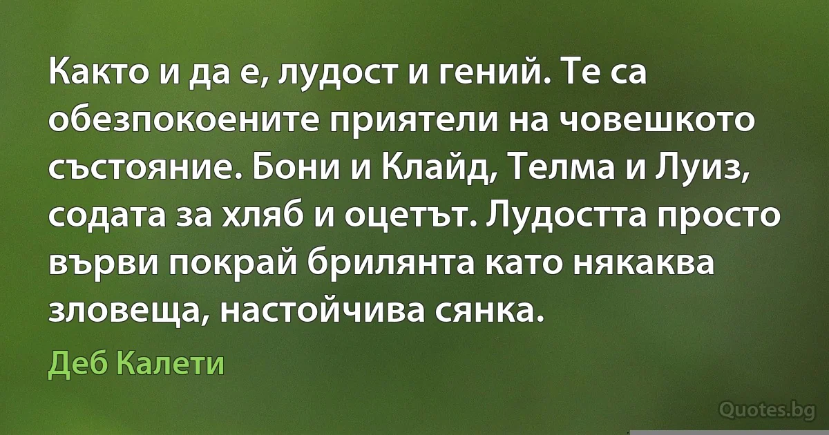 Както и да е, лудост и гений. Те са обезпокоените приятели на човешкото състояние. Бони и Клайд, Телма и Луиз, содата за хляб и оцетът. Лудостта просто върви покрай брилянта като някаква зловеща, настойчива сянка. (Деб Калети)