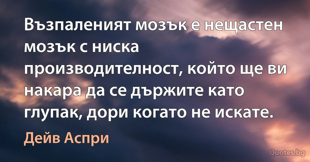 Възпаленият мозък е нещастен мозък с ниска производителност, който ще ви накара да се държите като глупак, дори когато не искате. (Дейв Аспри)