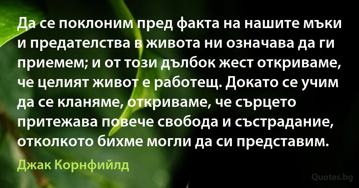 Да се поклоним пред факта на нашите мъки и предателства в живота ни означава да ги приемем; и от този дълбок жест откриваме, че целият живот е работещ. Докато се учим да се кланяме, откриваме, че сърцето притежава повече свобода и състрадание, отколкото бихме могли да си представим. (Джак Корнфийлд)