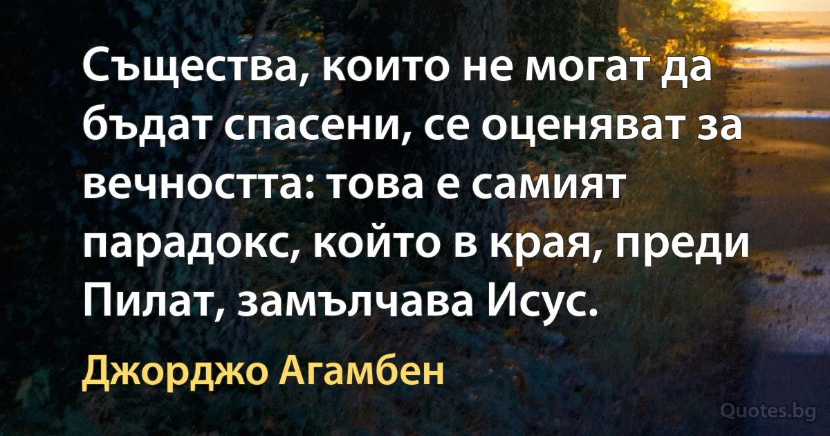 Същества, които не могат да бъдат спасени, се оценяват за вечността: това е самият парадокс, който в края, преди Пилат, замълчава Исус. (Джорджо Агамбен)