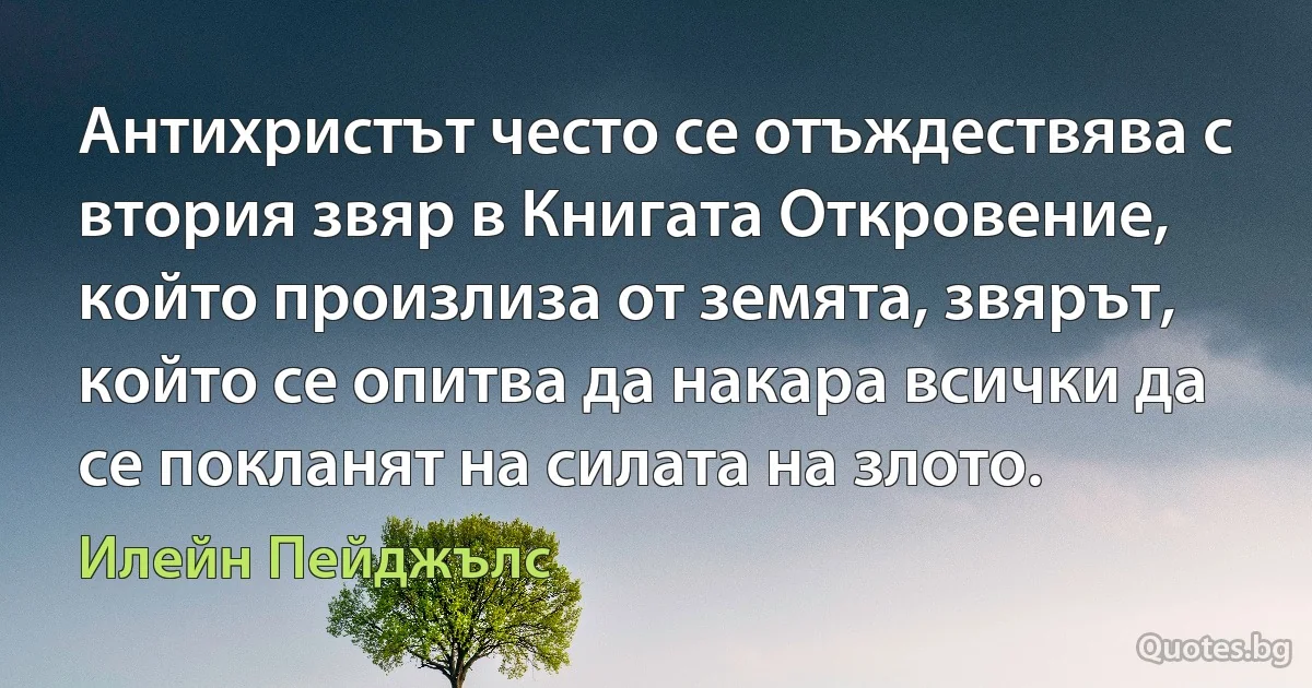 Антихристът често се отъждествява с втория звяр в Книгата Откровение, който произлиза от земята, звярът, който се опитва да накара всички да се покланят на силата на злото. (Илейн Пейджълс)