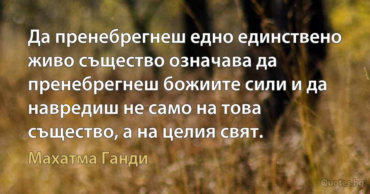 Да пренебрегнеш едно единствено живо същество означава да пренебрегнеш божиите сили и да навредиш не само на това същество, а на целия свят. (Махатма Ганди)