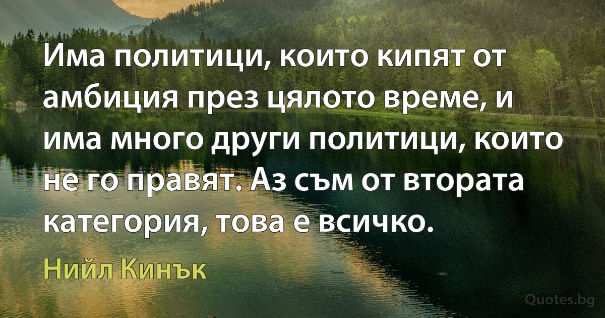 Има политици, които кипят от амбиция през цялото време, и има много други политици, които не го правят. Аз съм от втората категория, това е всичко. (Нийл Кинък)