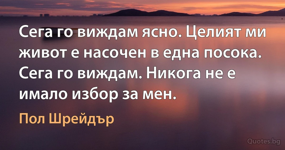 Сега го виждам ясно. Целият ми живот е насочен в една посока. Сега го виждам. Никога не е имало избор за мен. (Пол Шрейдър)