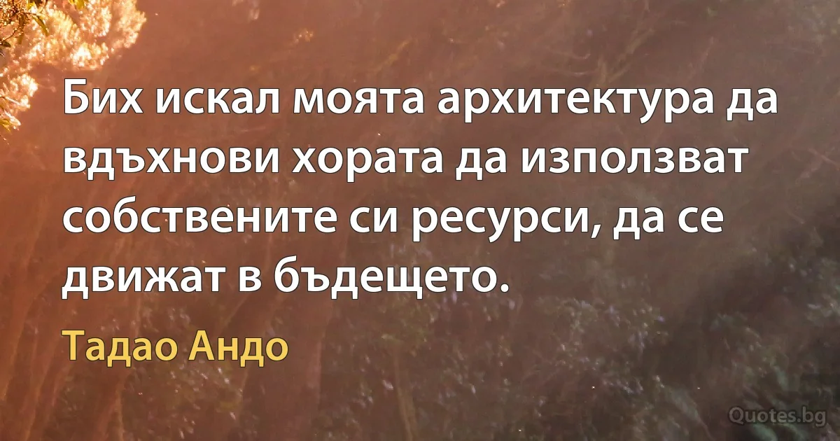 Бих искал моята архитектура да вдъхнови хората да използват собствените си ресурси, да се движат в бъдещето. (Тадао Андо)