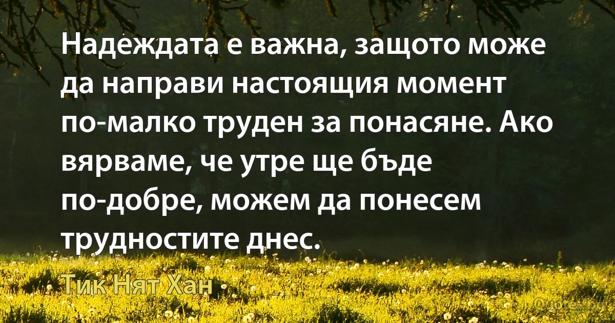 Надеждата е важна, защото може да направи настоящия момент по-малко труден за понасяне. Ако вярваме, че утре ще бъде по-добре, можем да понесем трудностите днес. (Тик Нят Хан)