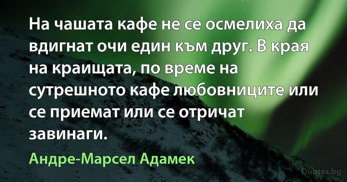 На чашата кафе не се осмелиха да вдигнат очи един към друг. В края на краищата, по време на сутрешното кафе любовниците или се приемат или се отричат завинаги. (Андре-Марсел Адамек)