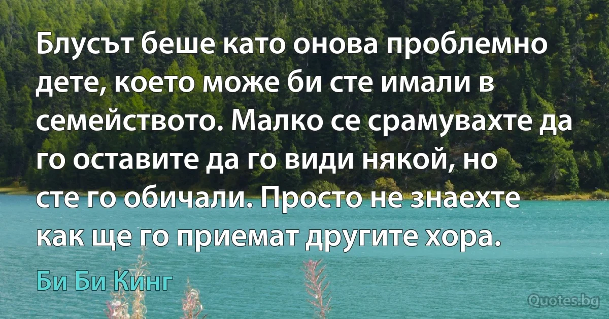 Блусът беше като онова проблемно дете, което може би сте имали в семейството. Малко се срамувахте да го оставите да го види някой, но сте го обичали. Просто не знаехте как ще го приемат другите хора. (Би Би Кинг)