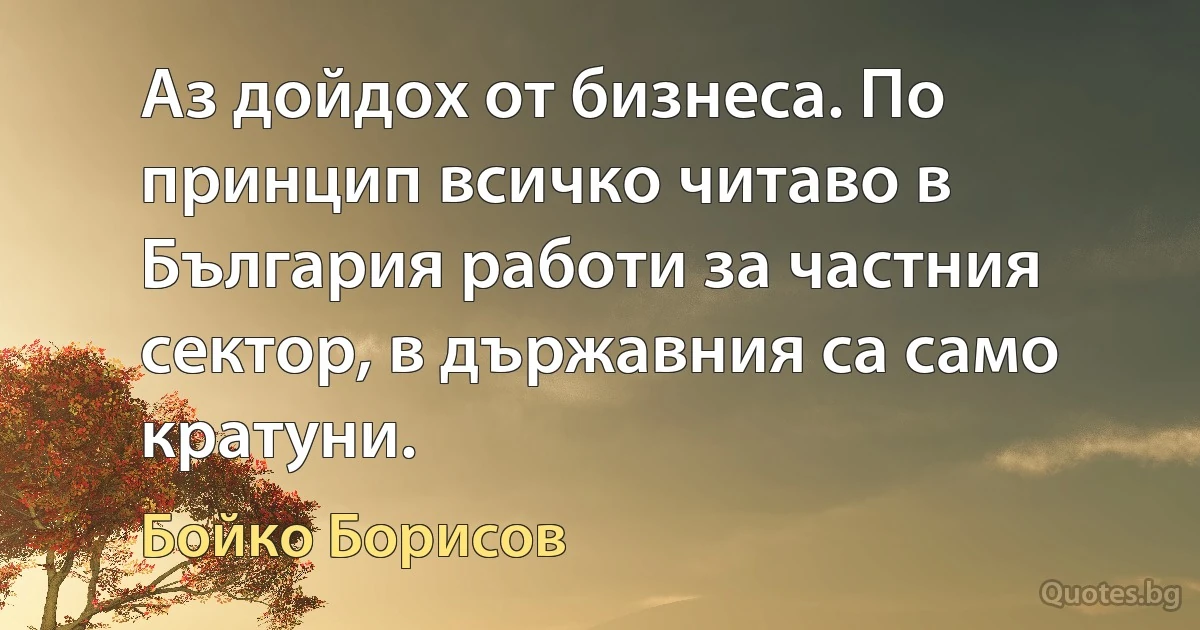 Аз дойдох от бизнеса. По принцип всичко читаво в България работи за частния сектор, в държавния са само кратуни. (Бойко Борисов)