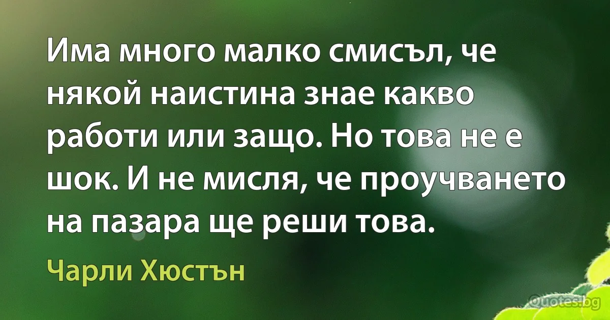 Има много малко смисъл, че някой наистина знае какво работи или защо. Но това не е шок. И не мисля, че проучването на пазара ще реши това. (Чарли Хюстън)