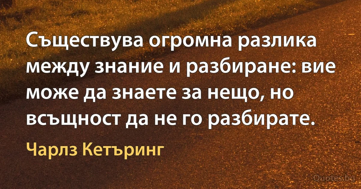 Съществува огромна разлика между знание и разбиране: вие може да знаете за нещо, но всъщност да не го разбирате. (Чарлз Кетъринг)