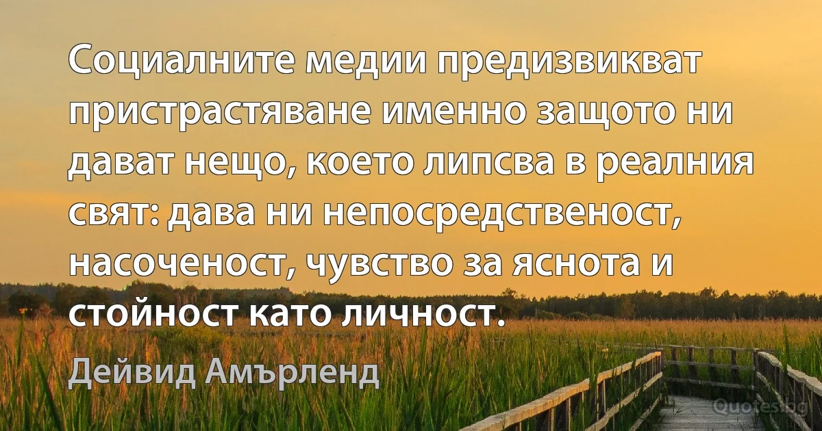 Социалните медии предизвикват пристрастяване именно защото ни дават нещо, което липсва в реалния свят: дава ни непосредственост, насоченост, чувство за яснота и стойност като личност. (Дейвид Амърленд)