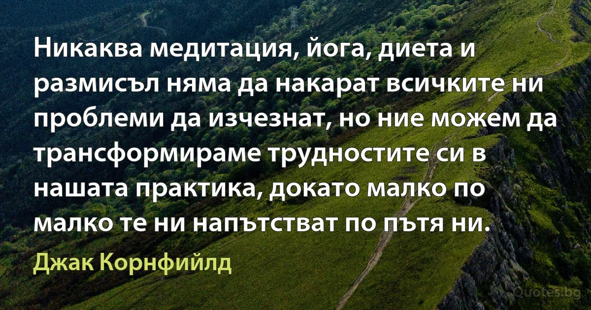 Никаква медитация, йога, диета и размисъл няма да накарат всичките ни проблеми да изчезнат, но ние можем да трансформираме трудностите си в нашата практика, докато малко по малко те ни напътстват по пътя ни. (Джак Корнфийлд)