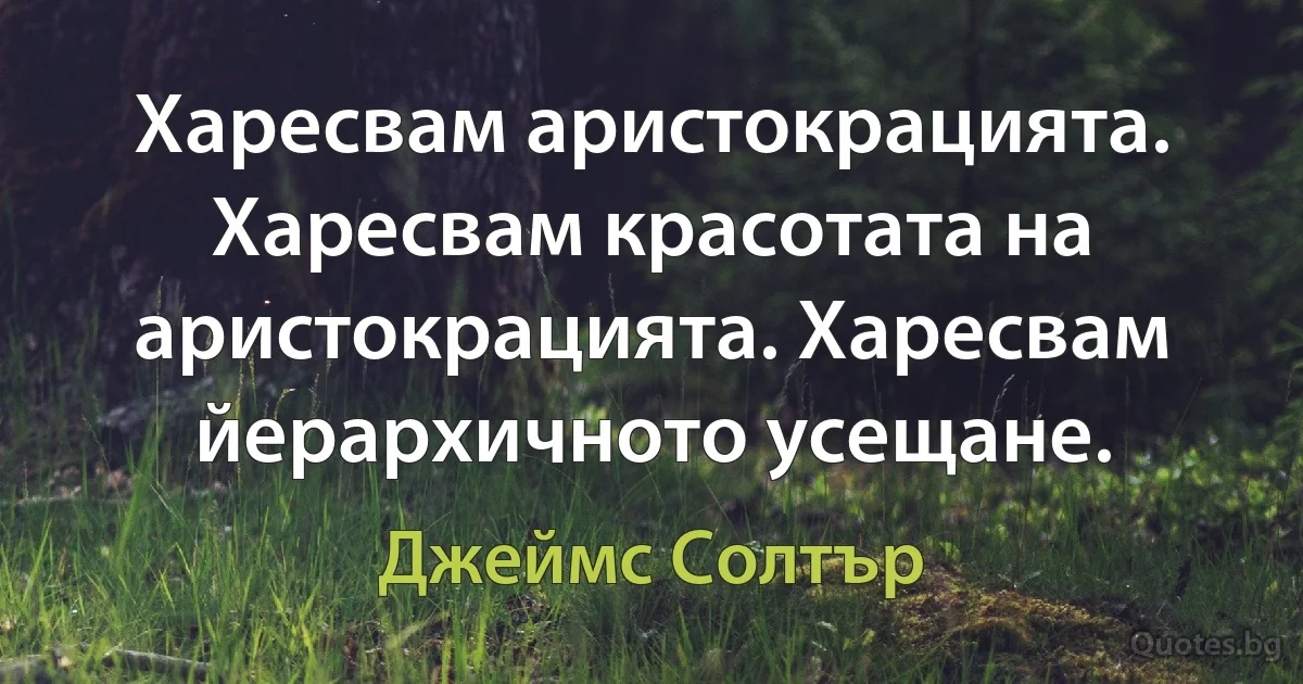 Харесвам аристокрацията. Харесвам красотата на аристокрацията. Харесвам йерархичното усещане. (Джеймс Солтър)