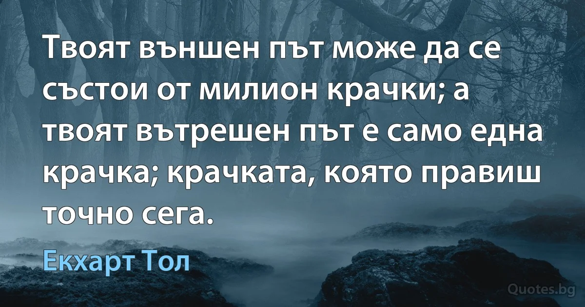 Твоят външен път може да се състои от милион крачки; а твоят вътрешен път е само една крачка; крачката, която правиш точно сега. (Екхарт Тол)