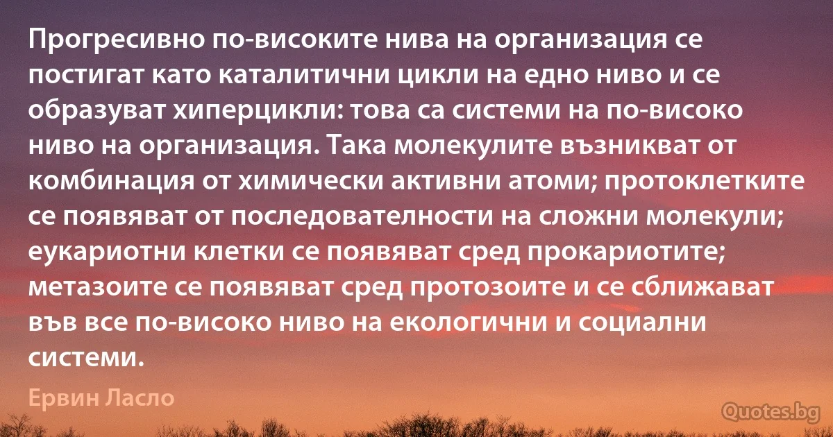 Прогресивно по-високите нива на организация се постигат като каталитични цикли на едно ниво и се образуват хиперцикли: това са системи на по-високо ниво на организация. Така молекулите възникват от комбинация от химически активни атоми; протоклетките се появяват от последователности на сложни молекули; еукариотни клетки се появяват сред прокариотите; метазоите се появяват сред протозоите и се сближават във все по-високо ниво на екологични и социални системи. (Ервин Ласло)