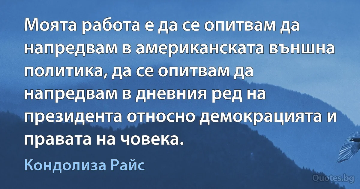 Моята работа е да се опитвам да напредвам в американската външна политика, да се опитвам да напредвам в дневния ред на президента относно демокрацията и правата на човека. (Кондолиза Райс)