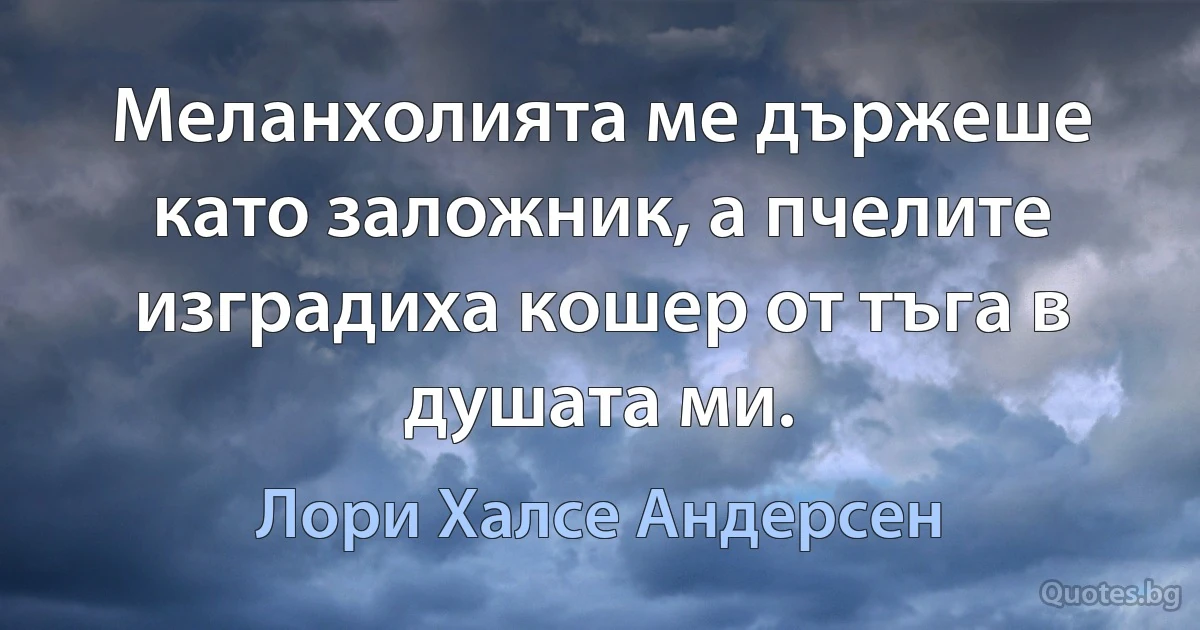 Меланхолията ме държеше като заложник, а пчелите изградиха кошер от тъга в душата ми. (Лори Халсе Андерсен)