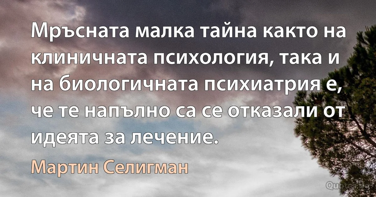 Мръсната малка тайна както на клиничната психология, така и на биологичната психиатрия е, че те напълно са се отказали от идеята за лечение. (Мартин Селигман)