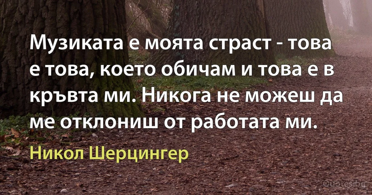 Музиката е моята страст - това е това, което обичам и това е в кръвта ми. Никога не можеш да ме отклониш от работата ми. (Никол Шерцингер)