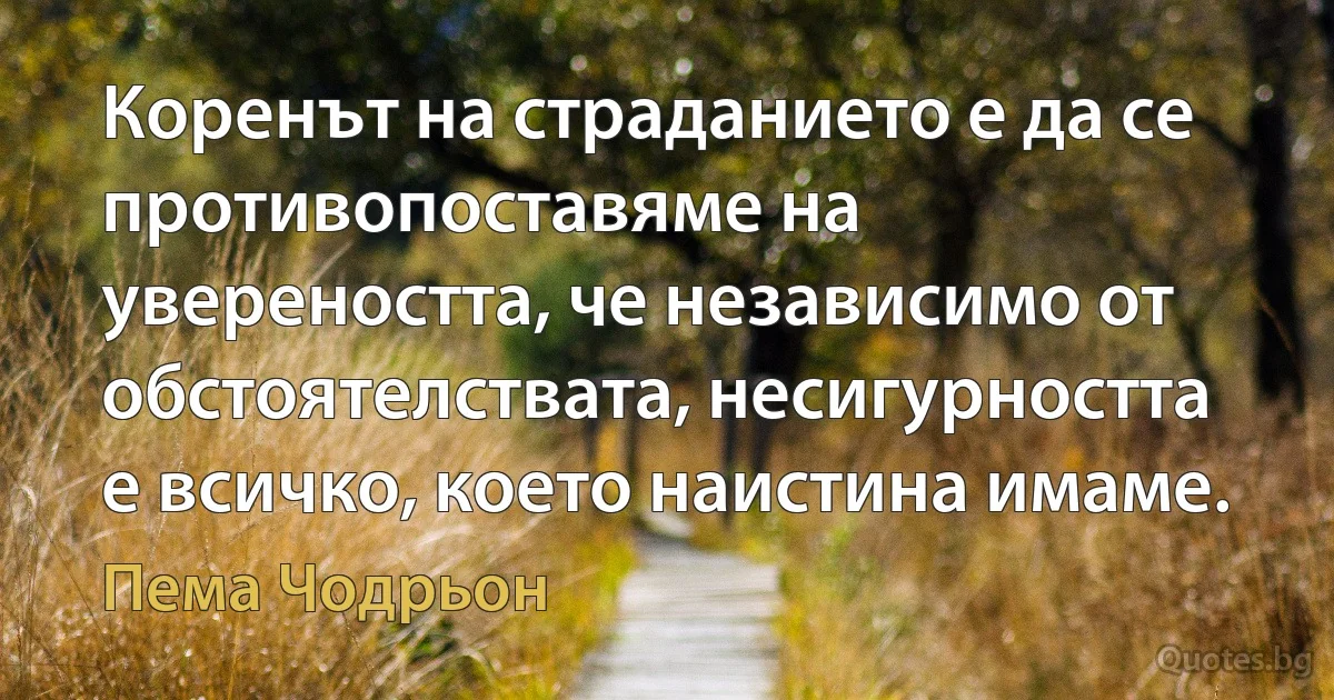 Коренът на страданието е да се противопоставяме на увереността, че независимо от обстоятелствата, несигурността е всичко, което наистина имаме. (Пема Чодрьон)