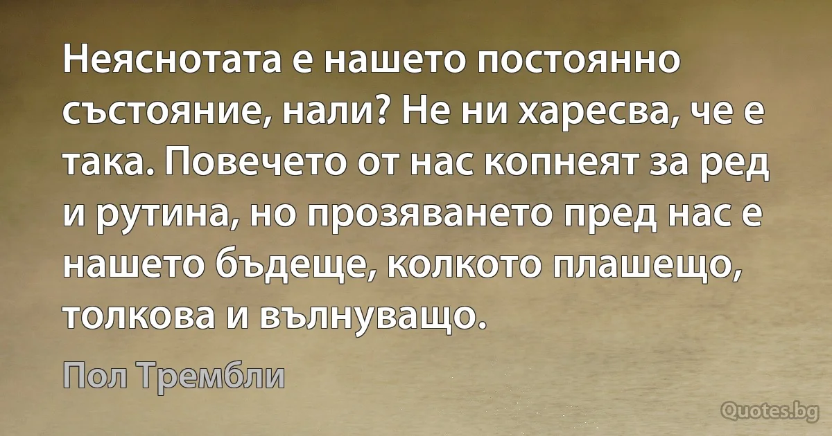 Неяснотата е нашето постоянно състояние, нали? Не ни харесва, че е така. Повечето от нас копнеят за ред и рутина, но прозяването пред нас е нашето бъдеще, колкото плашещо, толкова и вълнуващо. (Пол Трембли)