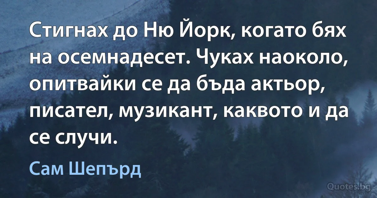 Стигнах до Ню Йорк, когато бях на осемнадесет. Чуках наоколо, опитвайки се да бъда актьор, писател, музикант, каквото и да се случи. (Сам Шепърд)