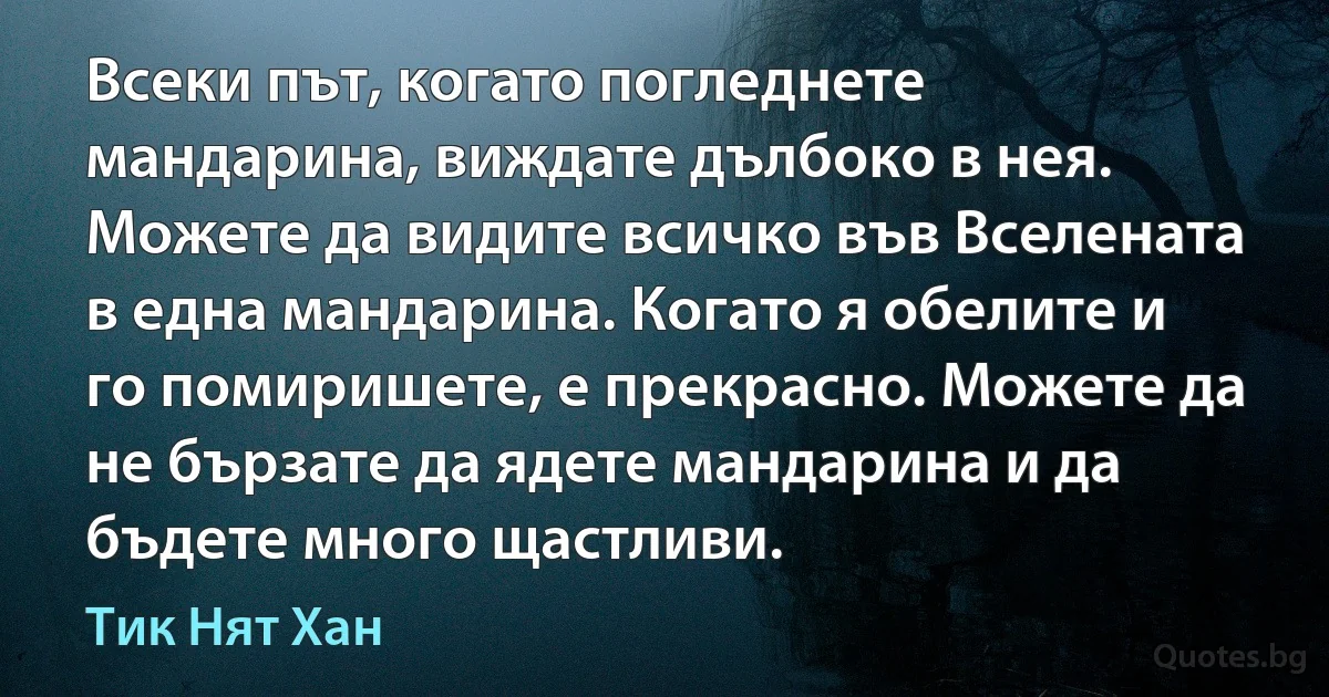 Всеки път, когато погледнете мандарина, виждате дълбоко в нея. Можете да видите всичко във Вселената в една мандарина. Когато я обелите и го помиришете, е прекрасно. Можете да не бързате да ядете мандарина и да бъдете много щастливи. (Тик Нят Хан)