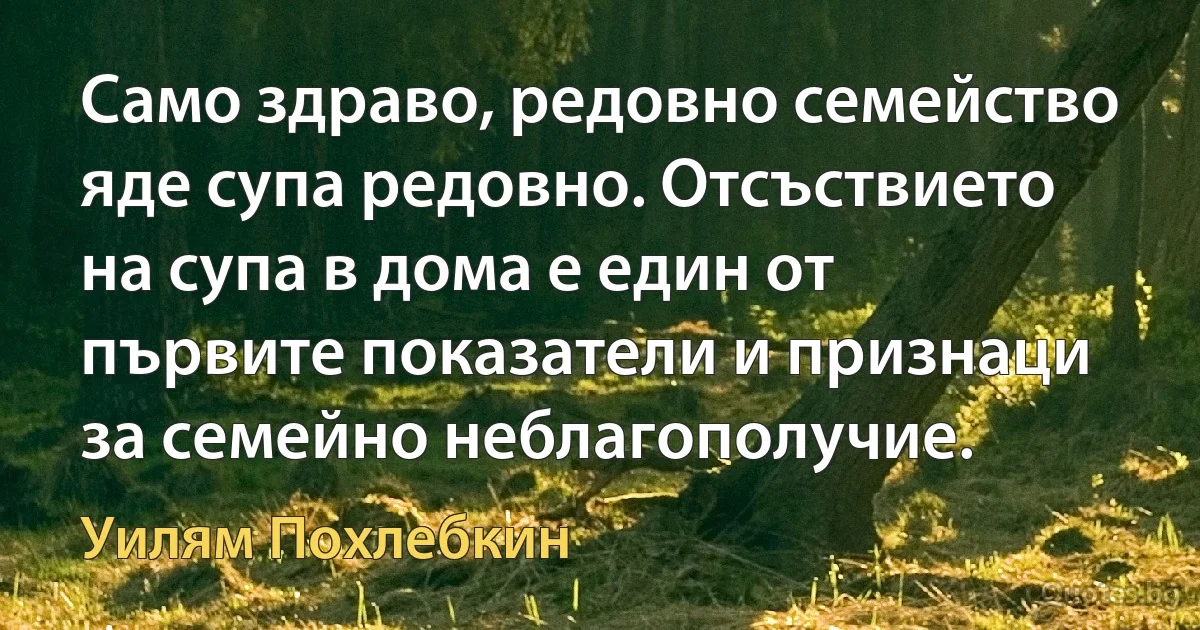 Само здраво, редовно семейство яде супа редовно. Отсъствието на супа в дома е един от първите показатели и признаци за семейно неблагополучие. (Уилям Похлебкин)