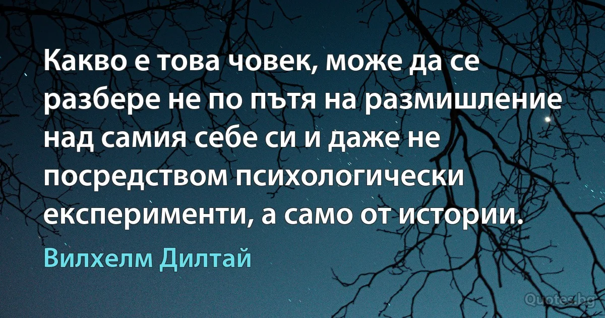 Какво е това човек, може да се разбере не по пътя на размишление над самия себе си и даже не посредством психологически експерименти, а само от истории. (Вилхелм Дилтай)