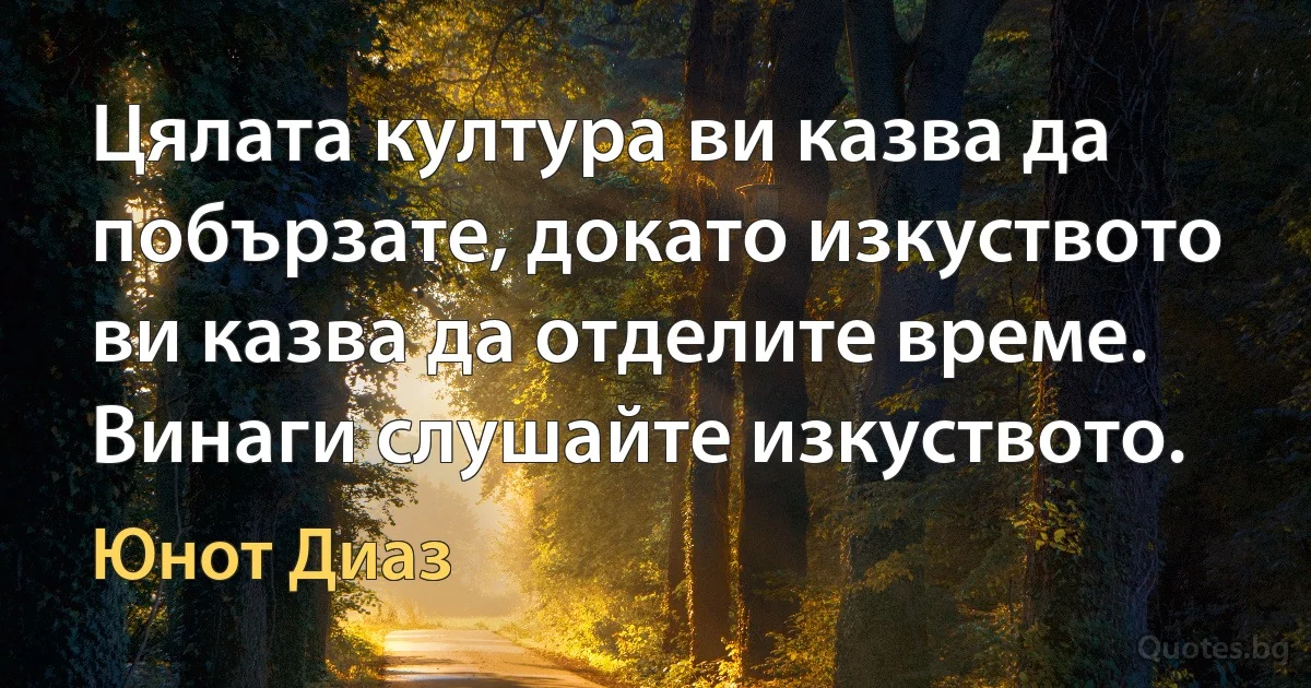 Цялата култура ви казва да побързате, докато изкуството ви казва да отделите време. Винаги слушайте изкуството. (Юнот Диаз)