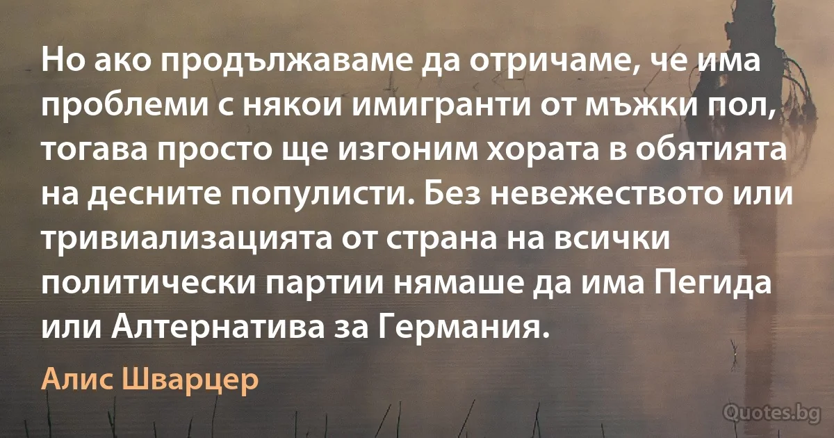 Но ако продължаваме да отричаме, че има проблеми с някои имигранти от мъжки пол, тогава просто ще изгоним хората в обятията на десните популисти. Без невежеството или тривиализацията от страна на всички политически партии нямаше да има Пегида или Алтернатива за Германия. (Алис Шварцер)