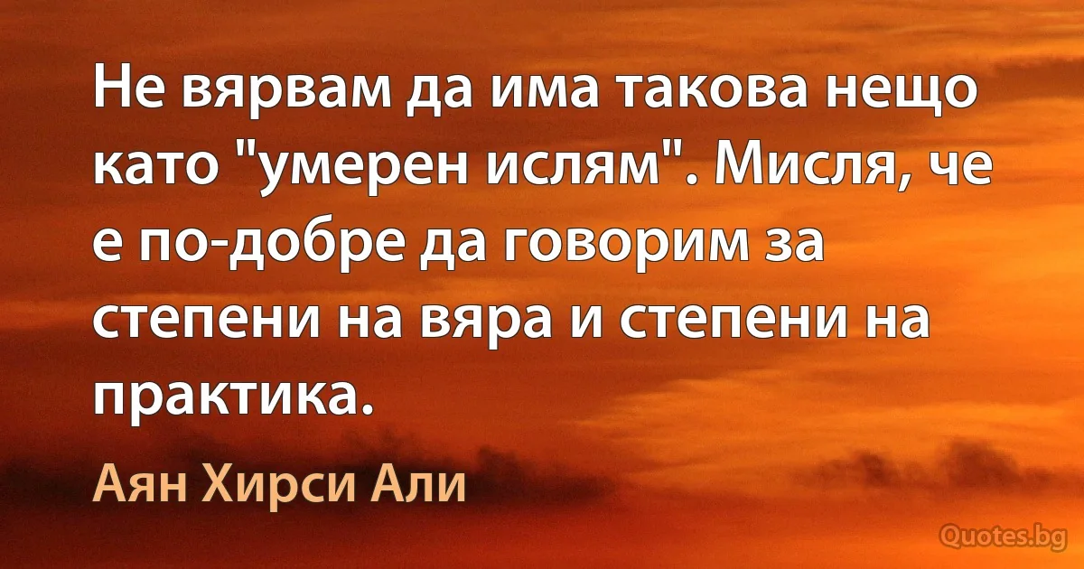 Не вярвам да има такова нещо като "умерен ислям". Мисля, че е по-добре да говорим за степени на вяра и степени на практика. (Аян Хирси Али)