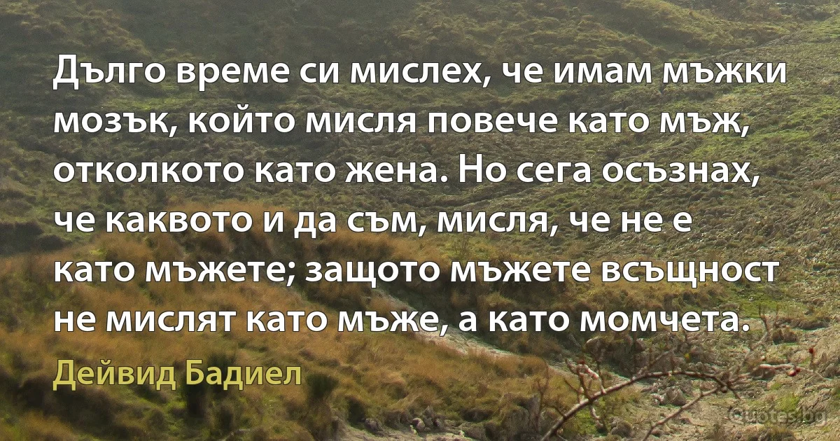 Дълго време си мислех, че имам мъжки мозък, който мисля повече като мъж, отколкото като жена. Но сега осъзнах, че каквото и да съм, мисля, че не е като мъжете; защото мъжете всъщност не мислят като мъже, а като момчета. (Дейвид Бадиел)