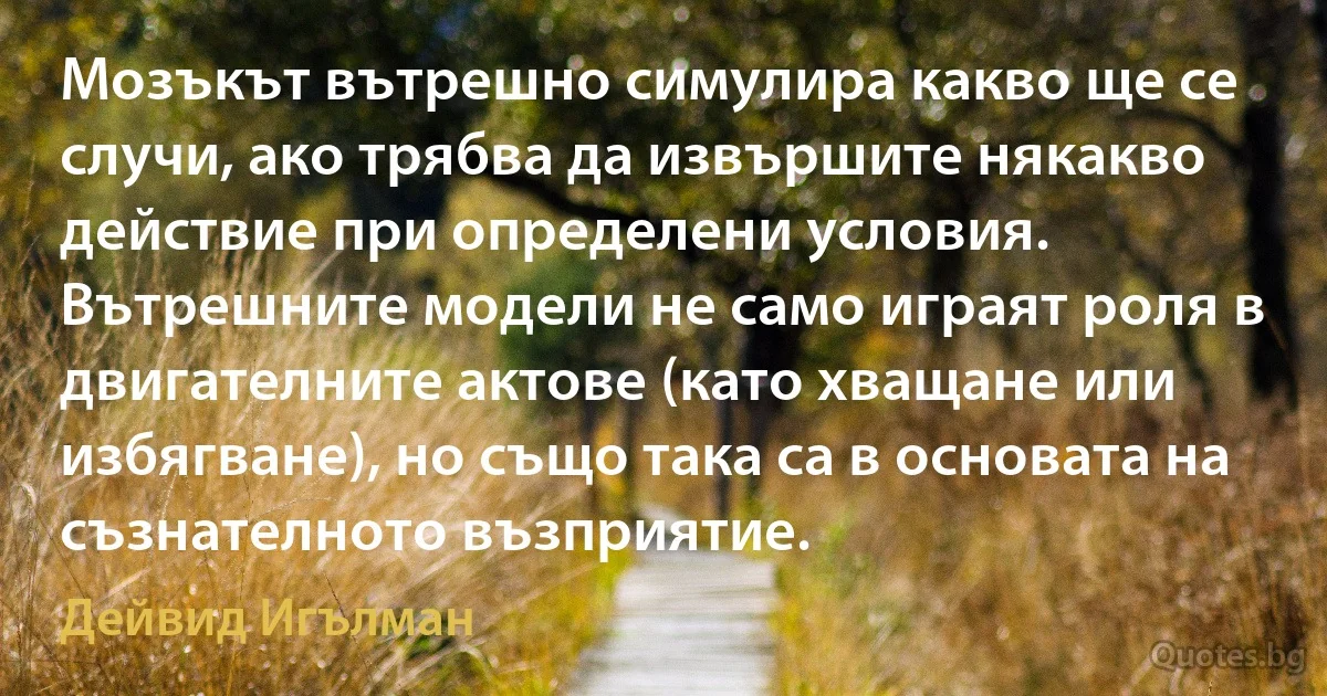 Мозъкът вътрешно симулира какво ще се случи, ако трябва да извършите някакво действие при определени условия. Вътрешните модели не само играят роля в двигателните актове (като хващане или избягване), но също така са в основата на съзнателното възприятие. (Дейвид Игълман)