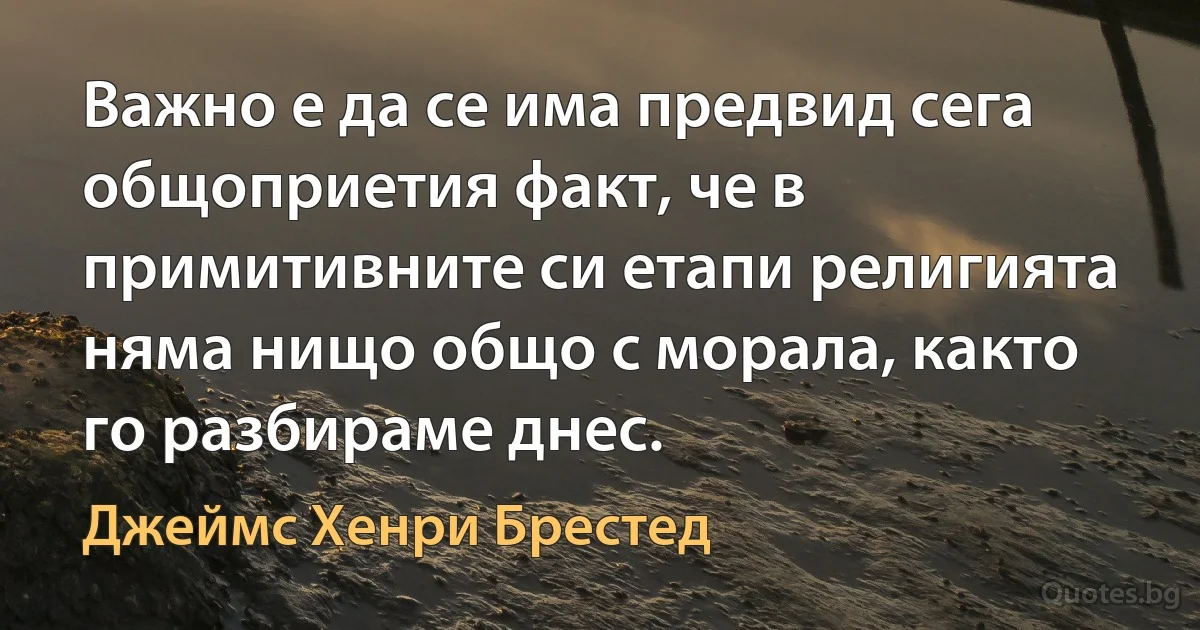 Важно е да се има предвид сега общоприетия факт, че в примитивните си етапи религията няма нищо общо с морала, както го разбираме днес. (Джеймс Хенри Брестед)