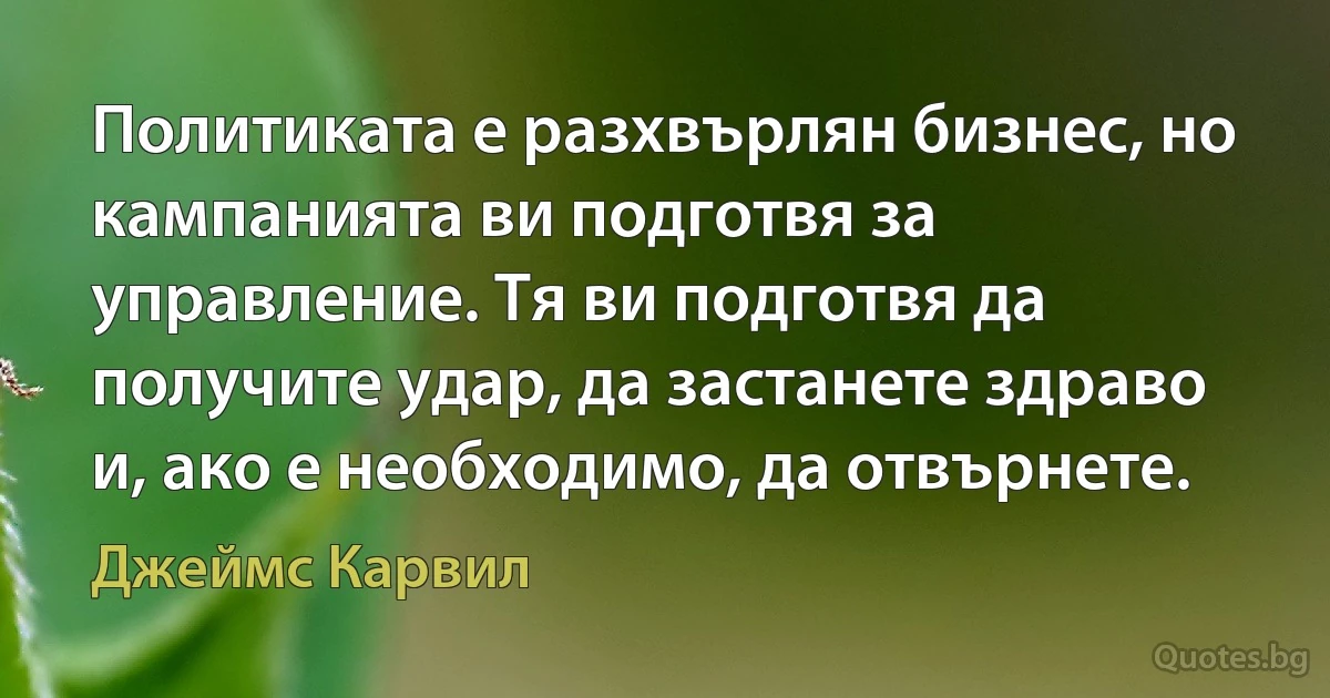 Политиката е разхвърлян бизнес, но кампанията ви подготвя за управление. Тя ви подготвя да получите удар, да застанете здраво и, ако е необходимо, да отвърнете. (Джеймс Карвил)