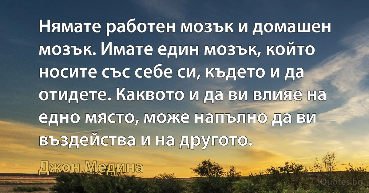 Нямате работен мозък и домашен мозък. Имате един мозък, който носите със себе си, където и да отидете. Каквото и да ви влияе на едно място, може напълно да ви въздейства и на другото. (Джон Медина)