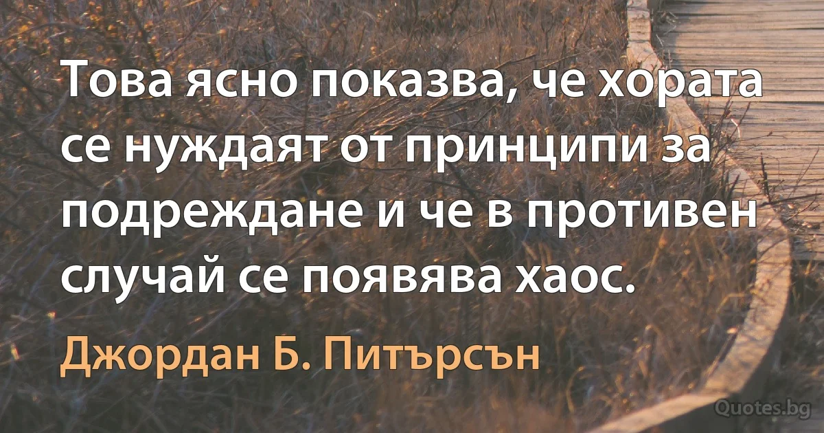 Това ясно показва, че хората се нуждаят от принципи за подреждане и че в противен случай се появява хаос. (Джордан Б. Питърсън)