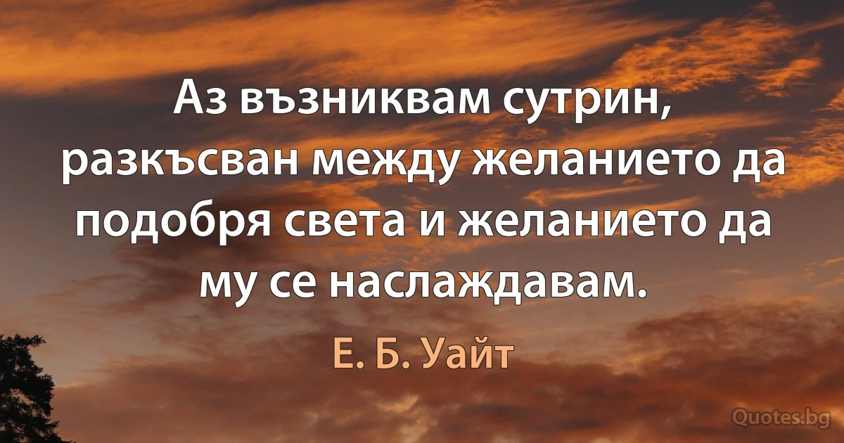 Аз възниквам сутрин, разкъсван между желанието да подобря света и желанието да му се наслаждавам. (Е. Б. Уайт)