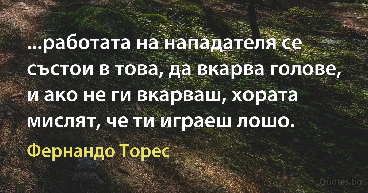 ...работата на нападателя се състои в това, да вкарва голове, и ако не ги вкарваш, хората мислят, че ти играеш лошо. (Фернандо Торес)