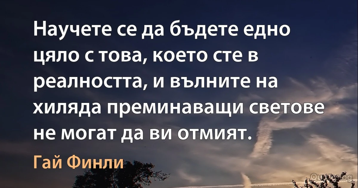 Научете се да бъдете едно цяло с това, което сте в реалността, и вълните на хиляда преминаващи светове не могат да ви отмият. (Гай Финли)