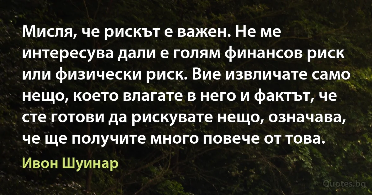 Мисля, че рискът е важен. Не ме интересува дали е голям финансов риск или физически риск. Вие извличате само нещо, което влагате в него и фактът, че сте готови да рискувате нещо, означава, че ще получите много повече от това. (Ивон Шуинар)