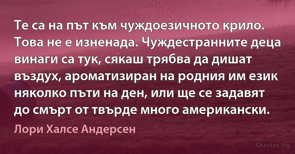 Те са на път към чуждоезичното крило. Това не е изненада. Чуждестранните деца винаги са тук, сякаш трябва да дишат въздух, ароматизиран на родния им език няколко пъти на ден, или ще се задавят до смърт от твърде много американски. (Лори Халсе Андерсен)