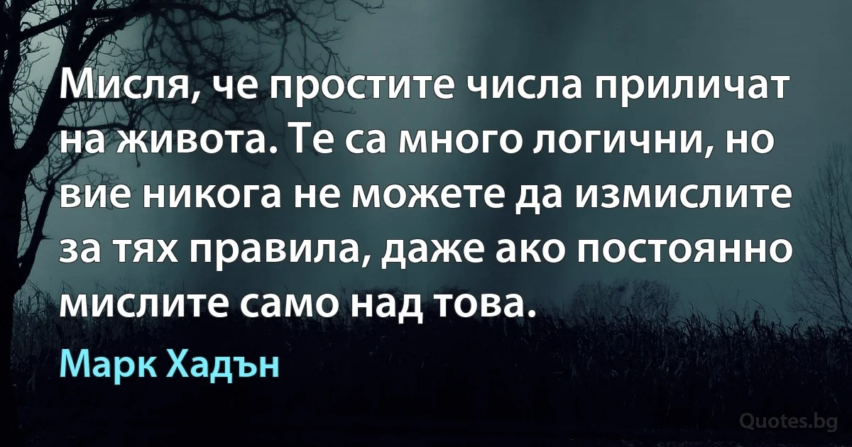 Мисля, че простите числа приличат на живота. Те са много логични, но вие никога не можете да измислите за тях правила, даже ако постоянно мислите само над това. (Марк Хадън)