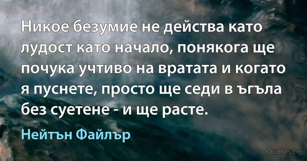 Никое безумие не действа като лудост като начало, понякога ще почука учтиво на вратата и когато я пуснете, просто ще седи в ъгъла без суетене - и ще расте. (Нейтън Файлър)